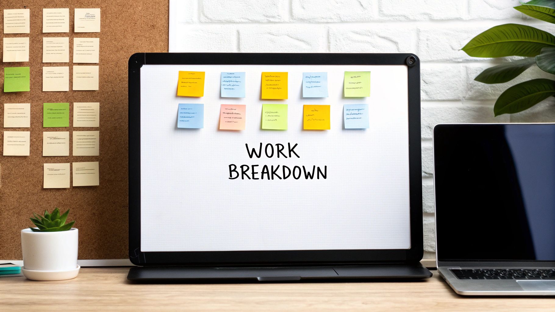 A team of professionals collaborating on a scope management plan in a modern office.