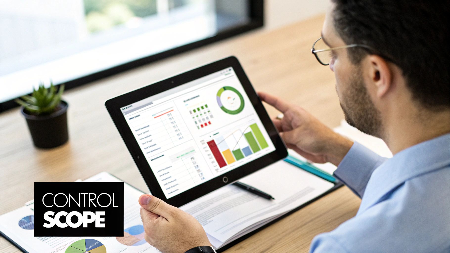 A group of diverse professionals looking at a project plan on a digital tablet in a bright, modern office setting.