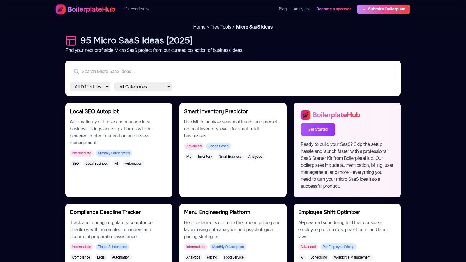A screenshot of the BoilerplateHub website showing a list of micro SaaS ideas with tags like 'Marketing', 'Automation', 'No-code', and difficulty levels.