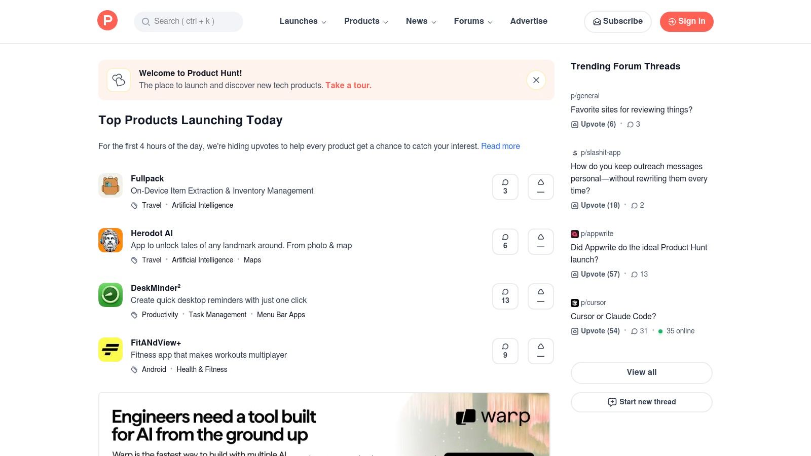 A screenshot of the Product Hunt website showing a list of trending new products with upvote counts, brief descriptions, and creator avatars.