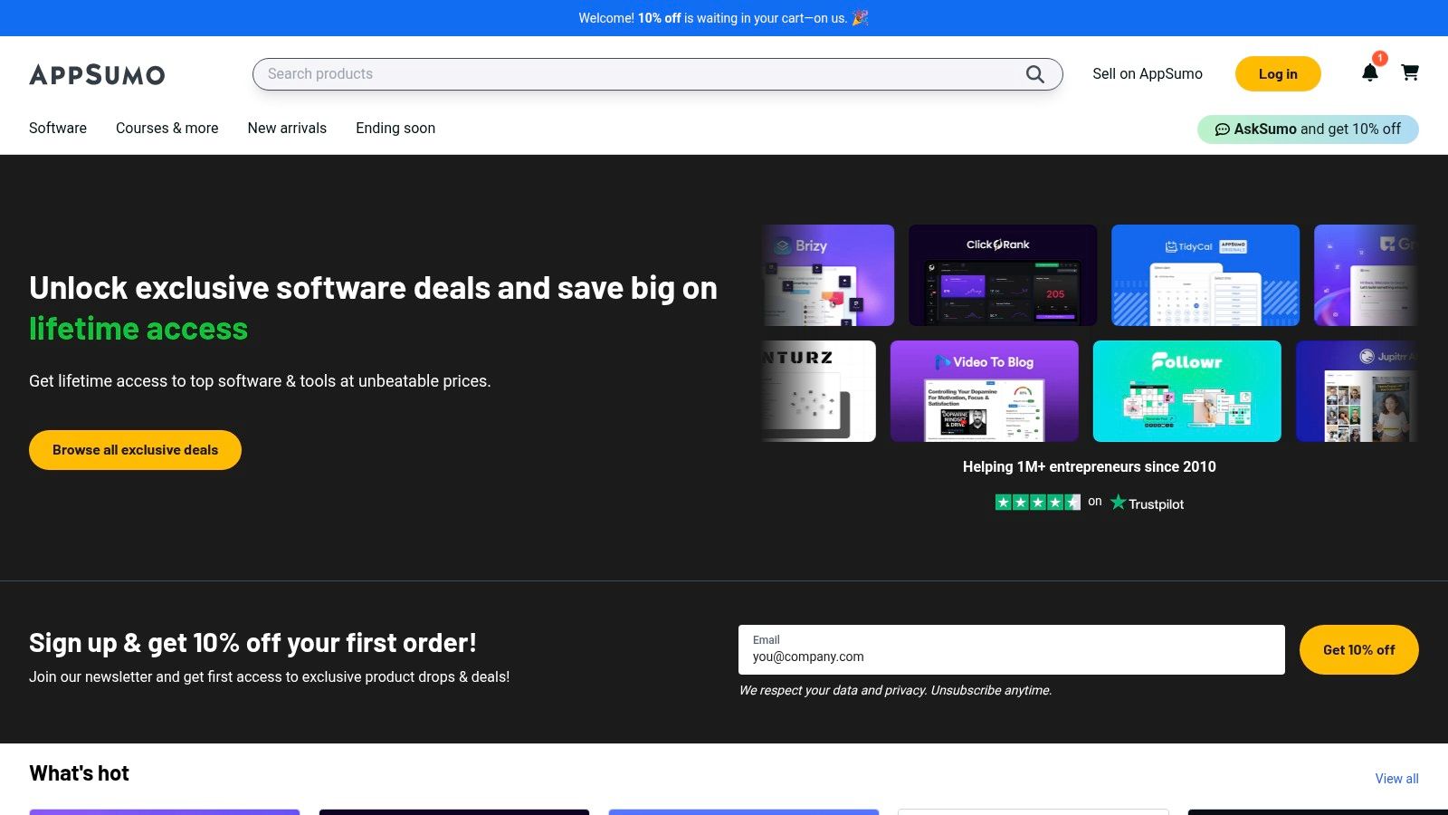 A screenshot of the AppSumo website, showcasing a variety of software deals with vibrant graphics and discount information.