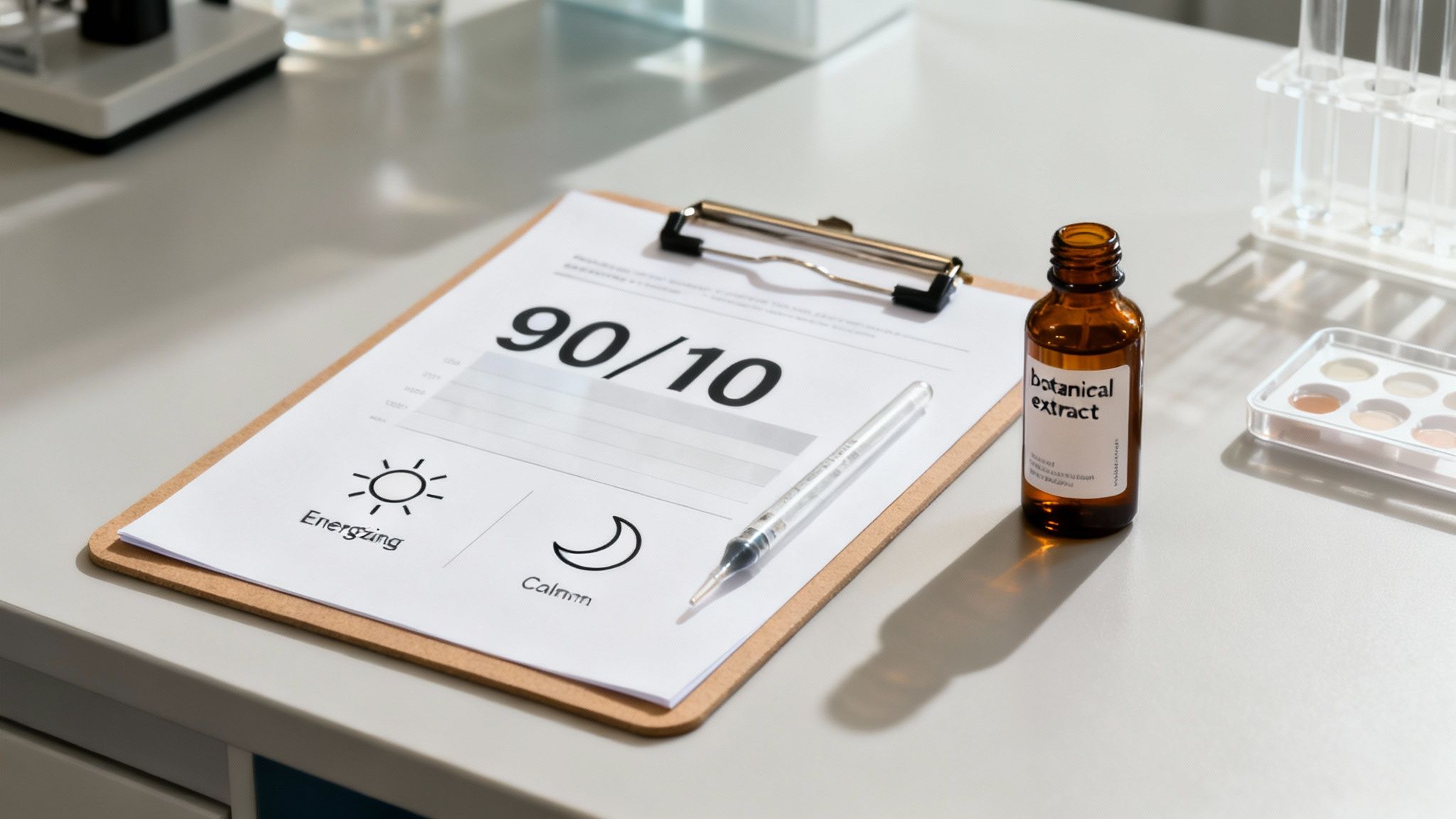 A close-up of a lab desk with a clipboard showing "90/10", a botanical extract bottle, and a syringe.