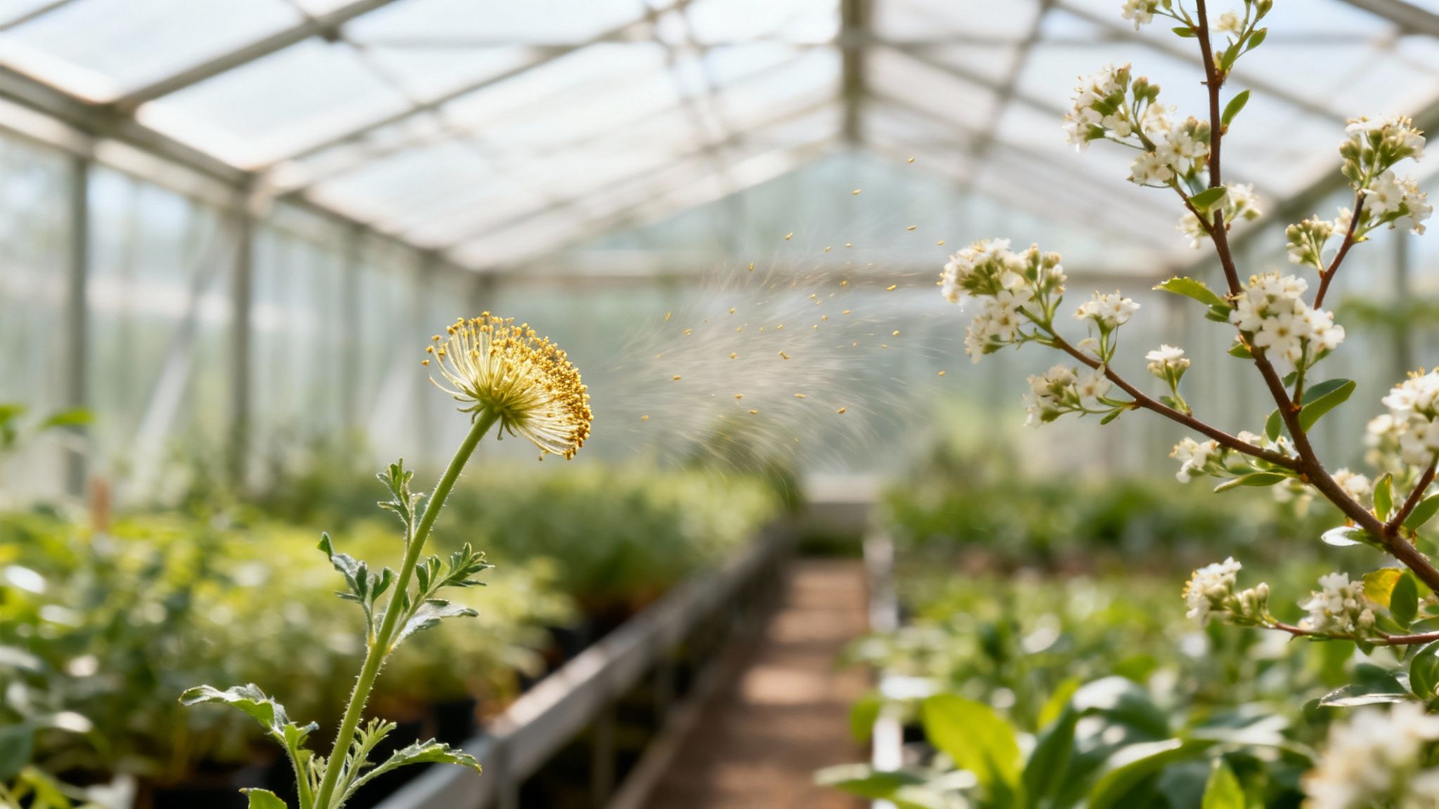 Close-up of a yellow flower releasing a cloud of pollen inside a bright greenhouse, with white flowers.