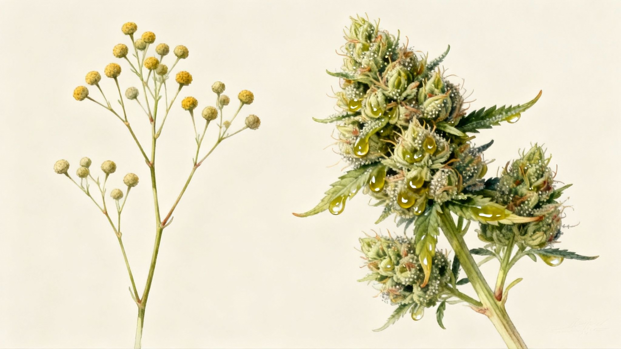 A botanical illustration comparing a plant with small yellow flowers and a cannabis bud with amber droplets.