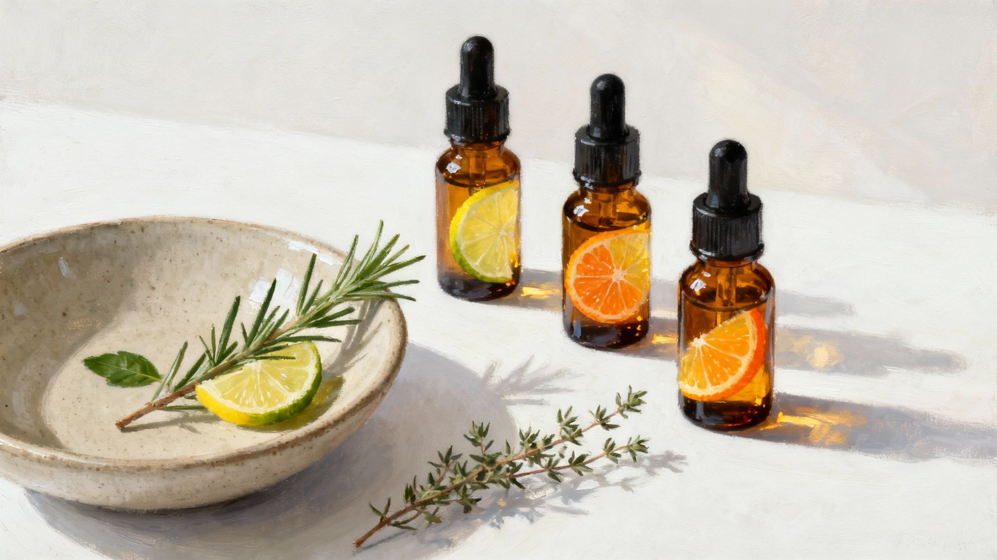 Three amber essential oil bottles with citrus slices and herbs on a white surface.