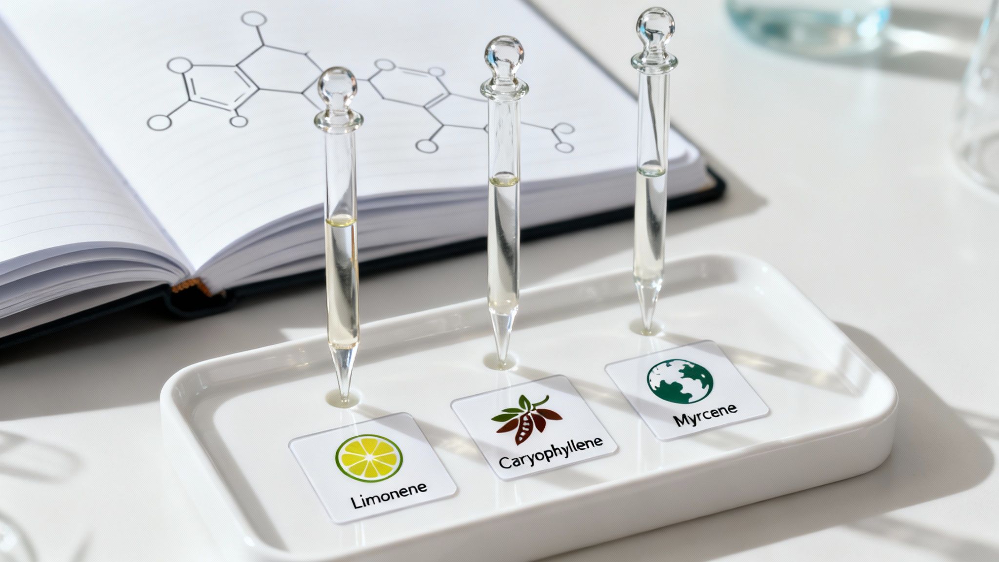 Three droppers containing Limonene, Caryophyllene, and Myrcene compounds in a chemistry lab setting.