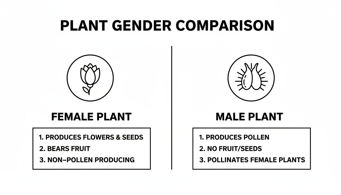 Infographic comparing female and female plant characteristics, showing differences in flower, fruit, seed, and pollen production.