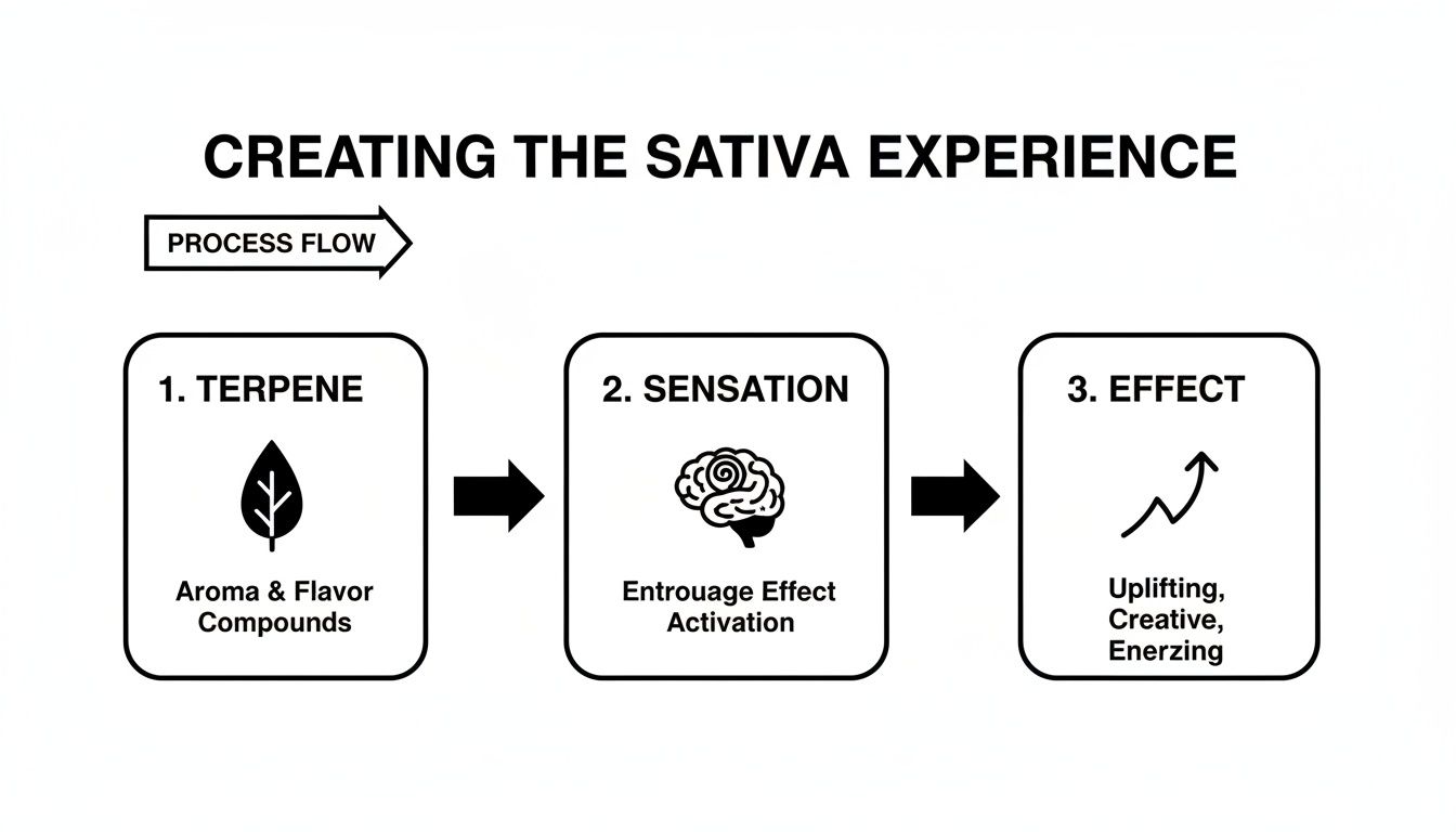 A process flow diagram illustrating the sativa experience, from terpenes and sensation to uplifting, creative, and energizing effects.