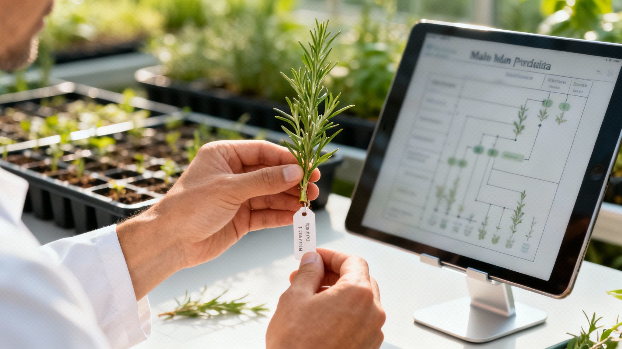 Scientist inspects a tagged rosemary sprig, using a tablet to analyze plant data in a greenhouse.