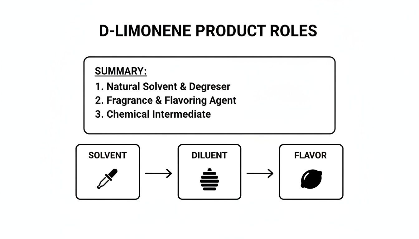 D-Limonene product roles summary, outlining its uses as a natural solvent, degreaser, fragrance, and flavor.