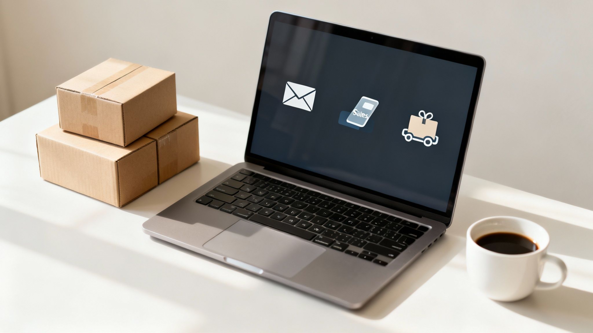 Laptop z ikonami e-commerce, takimi jak e-mail, sprzedaż i dostawa paczek, obok kawy.