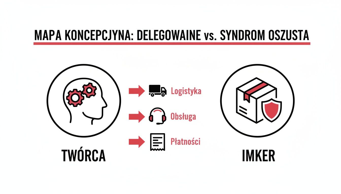 Mapa konceptualna przedstawiająca delegowanie zadań przez twórcę (logistyka, obsługa, płatności) do IMKERa, walcząc z syndromem oszusta.