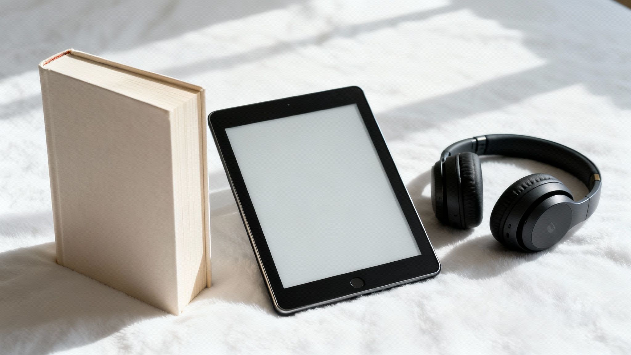 Książka, tablet z pustym ekranem i słuchawki bezprzewodowe leżące na białym futrzanym kocu w słońcu.
