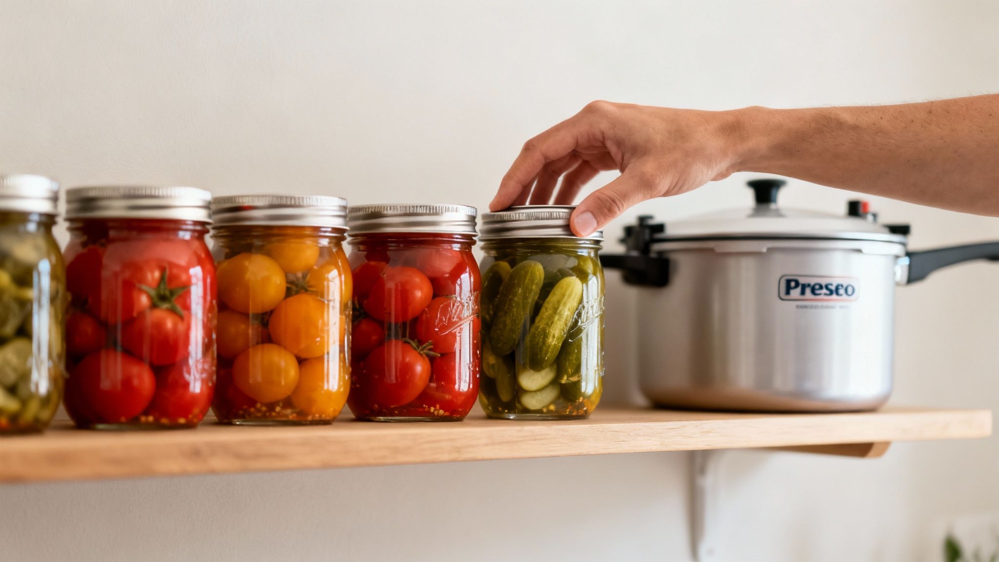 A hand places a lid on a jar of pickles, next to jars of preserved tomatoes and a pressure canner.