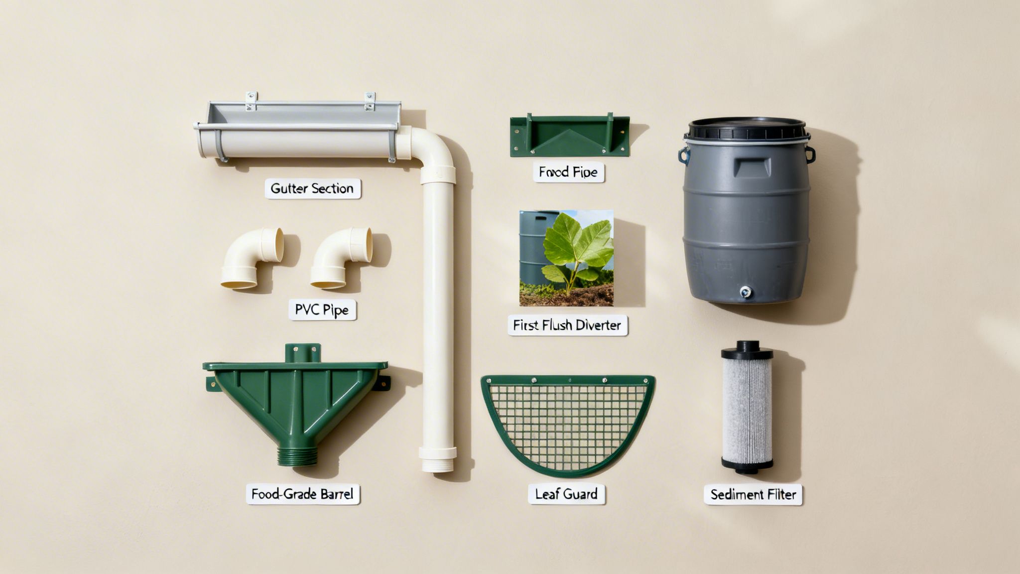 Labeled components for a DIY rainwater collection system: gutter, PVC pipes, barrel, diverters, leaf guard, and filter.