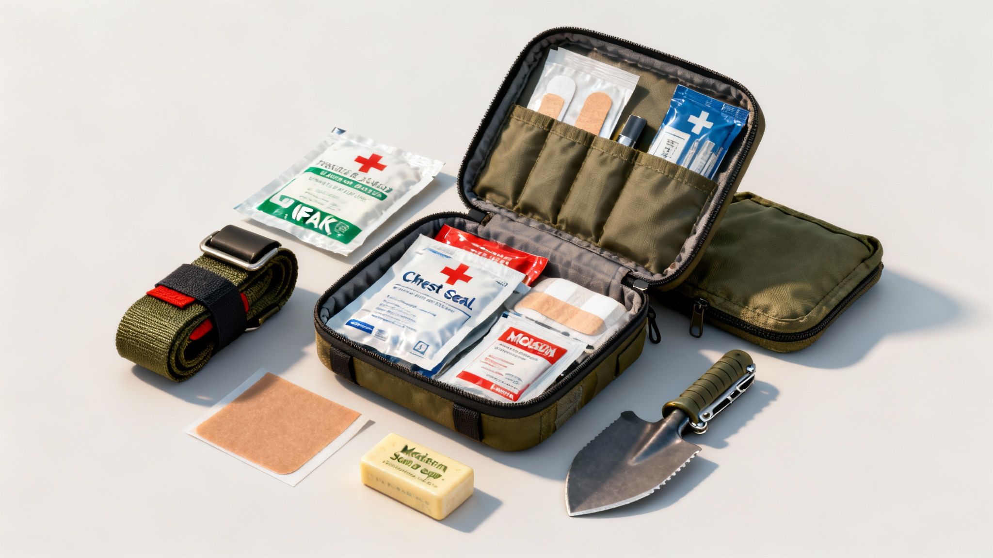 An open olive green first aid kit displaying various medical supplies and survival tools on a white background.