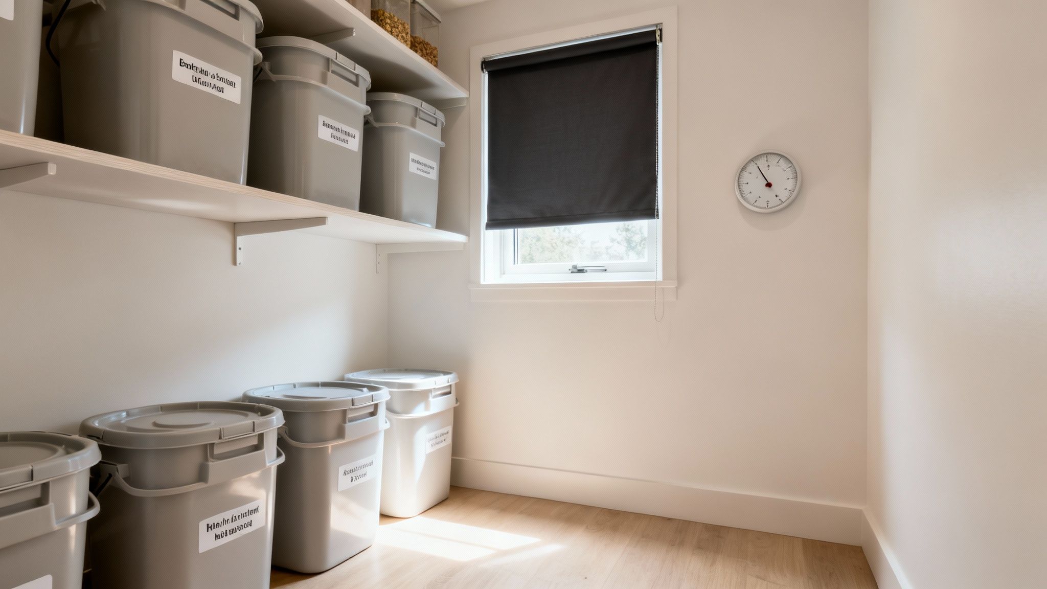A bright, organized pantry room featuring light shelves, labeled food storage bins, a window, and a wall clock.