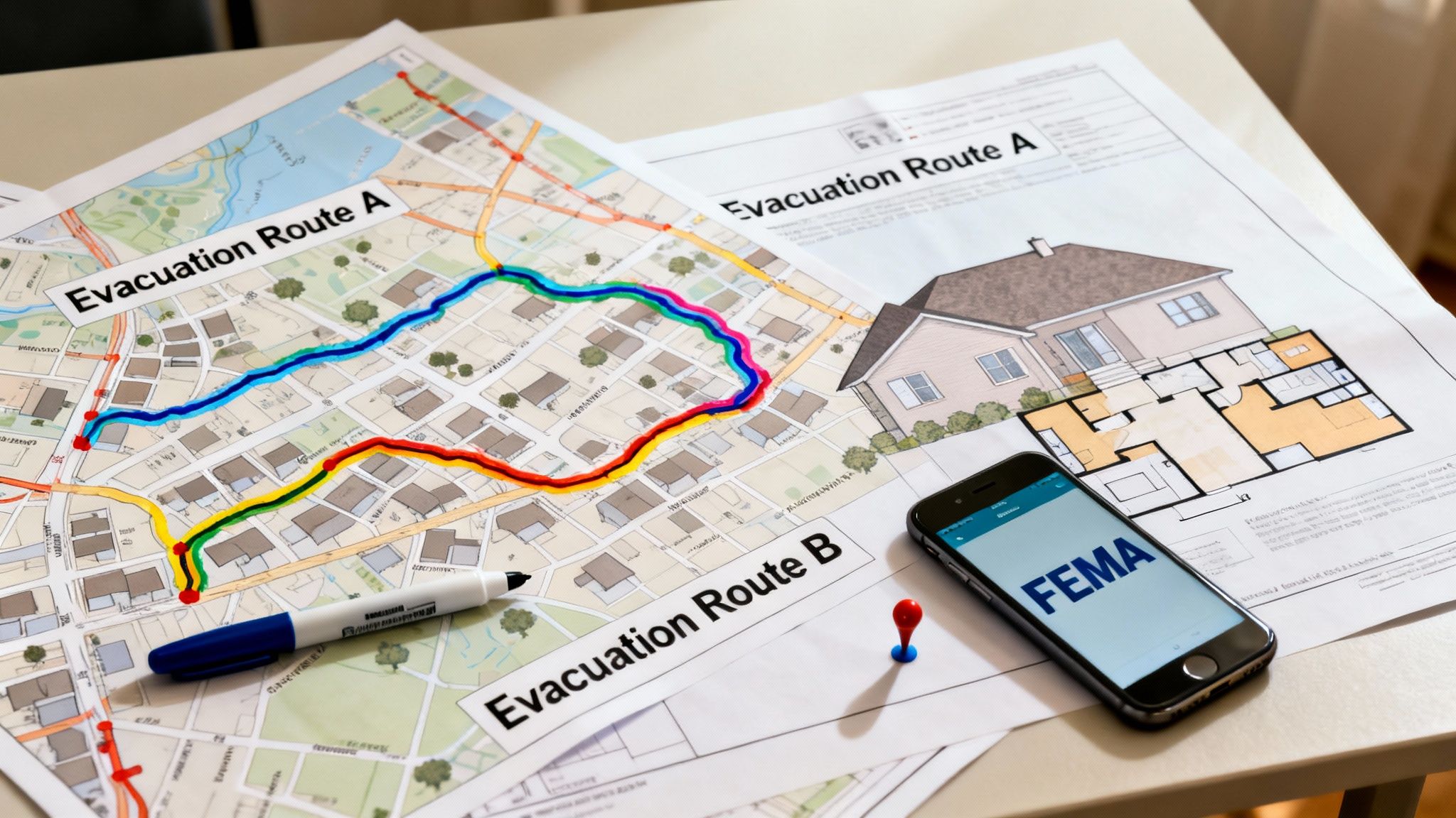 Emergency preparedness plans, including an evacuation map, house blueprint, and a FEMA app on a phone.