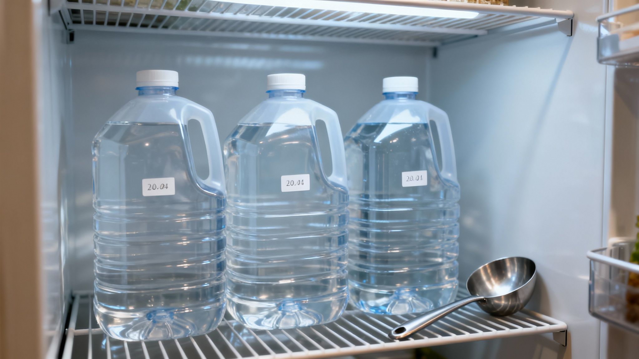 Inside a refrigerator, three clear plastic bottles of water are neatly stored with a metal ladle.