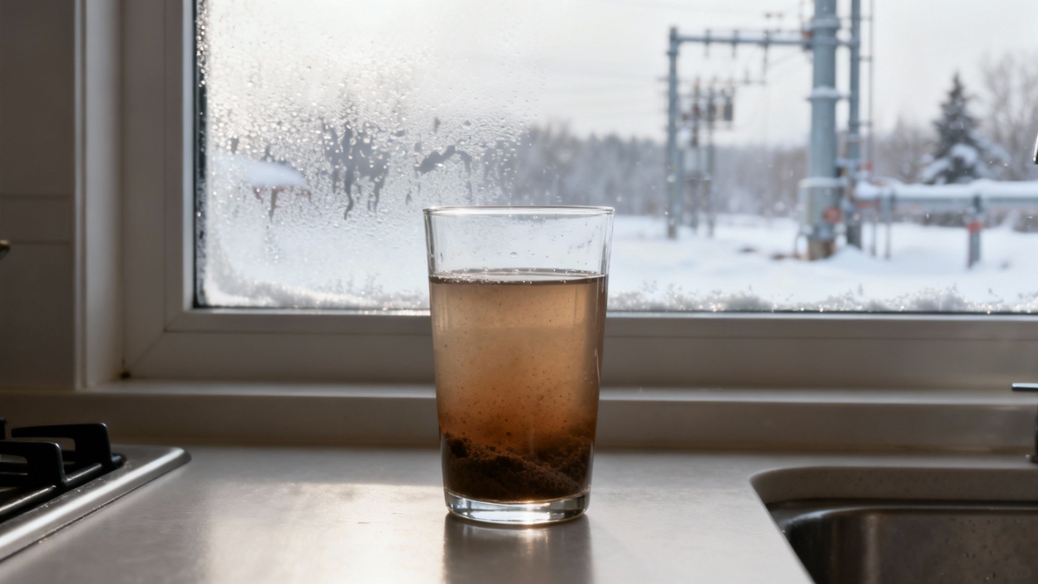 Dirty, sediment-filled water in a glass sits on a kitchen counter before a frosty winter window.