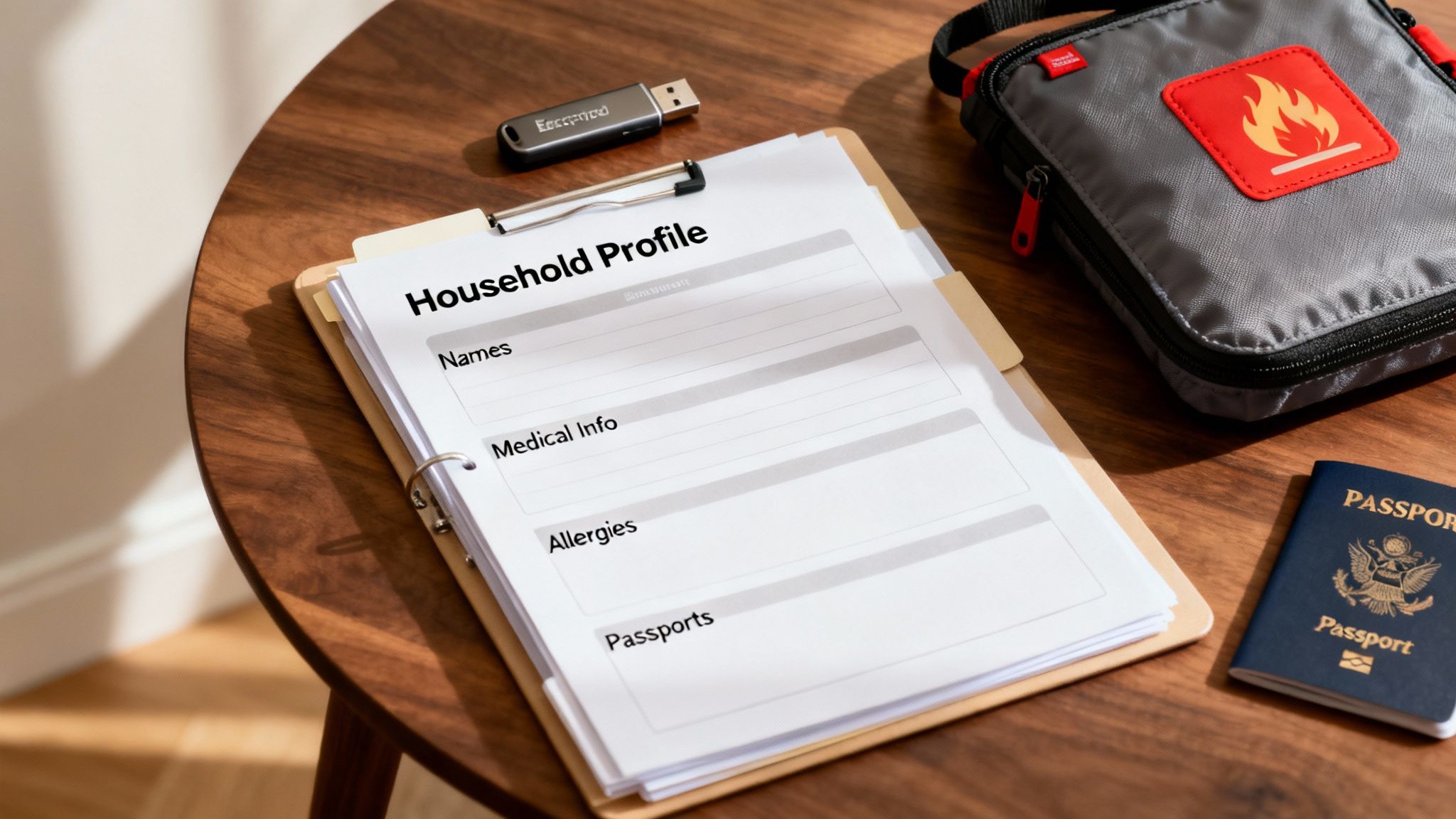 A household profile document on a clipboard with a USB drive, emergency kit, and US passport for preparedness.