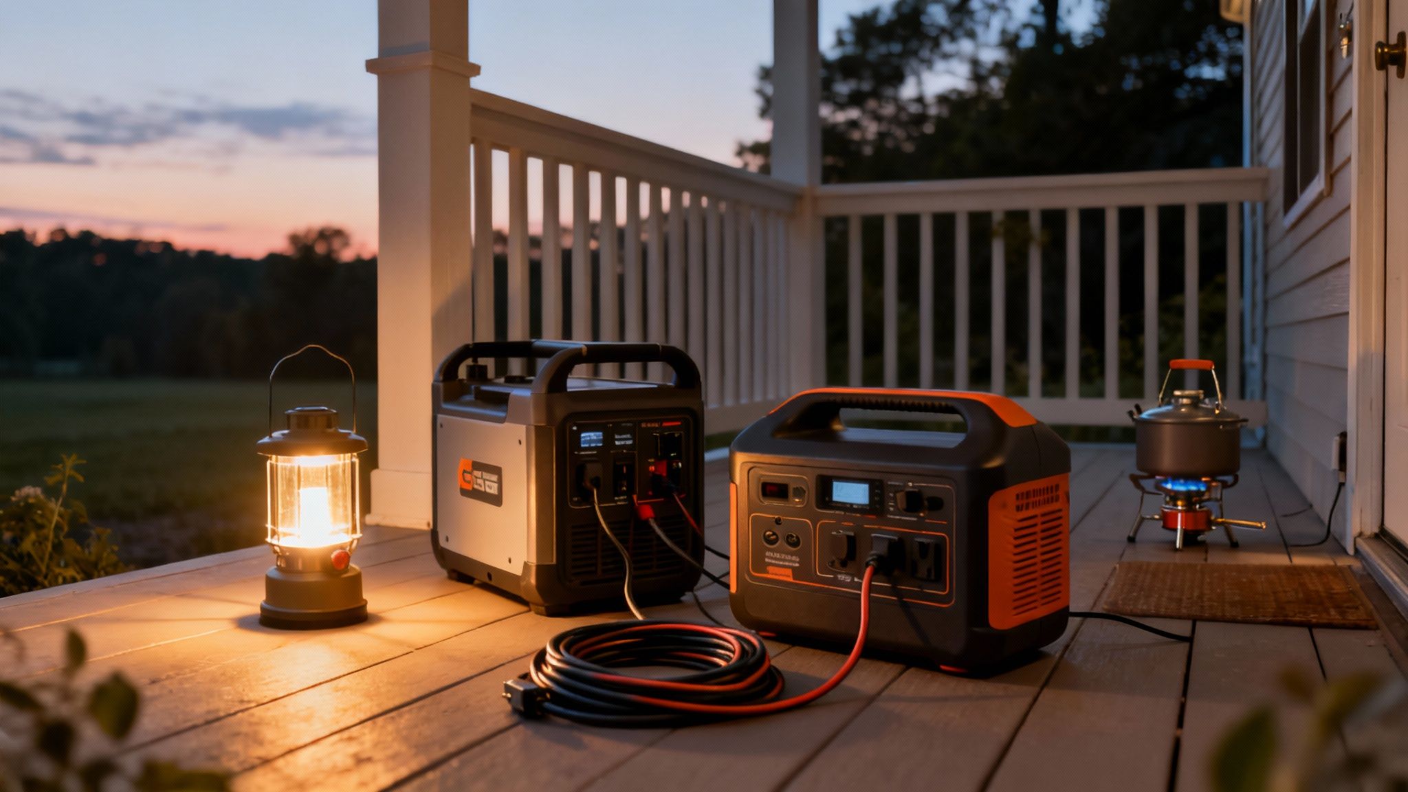 Two portable power stations, a lit lantern, and a camping stove on a porch at dusk, ready for a blackout.