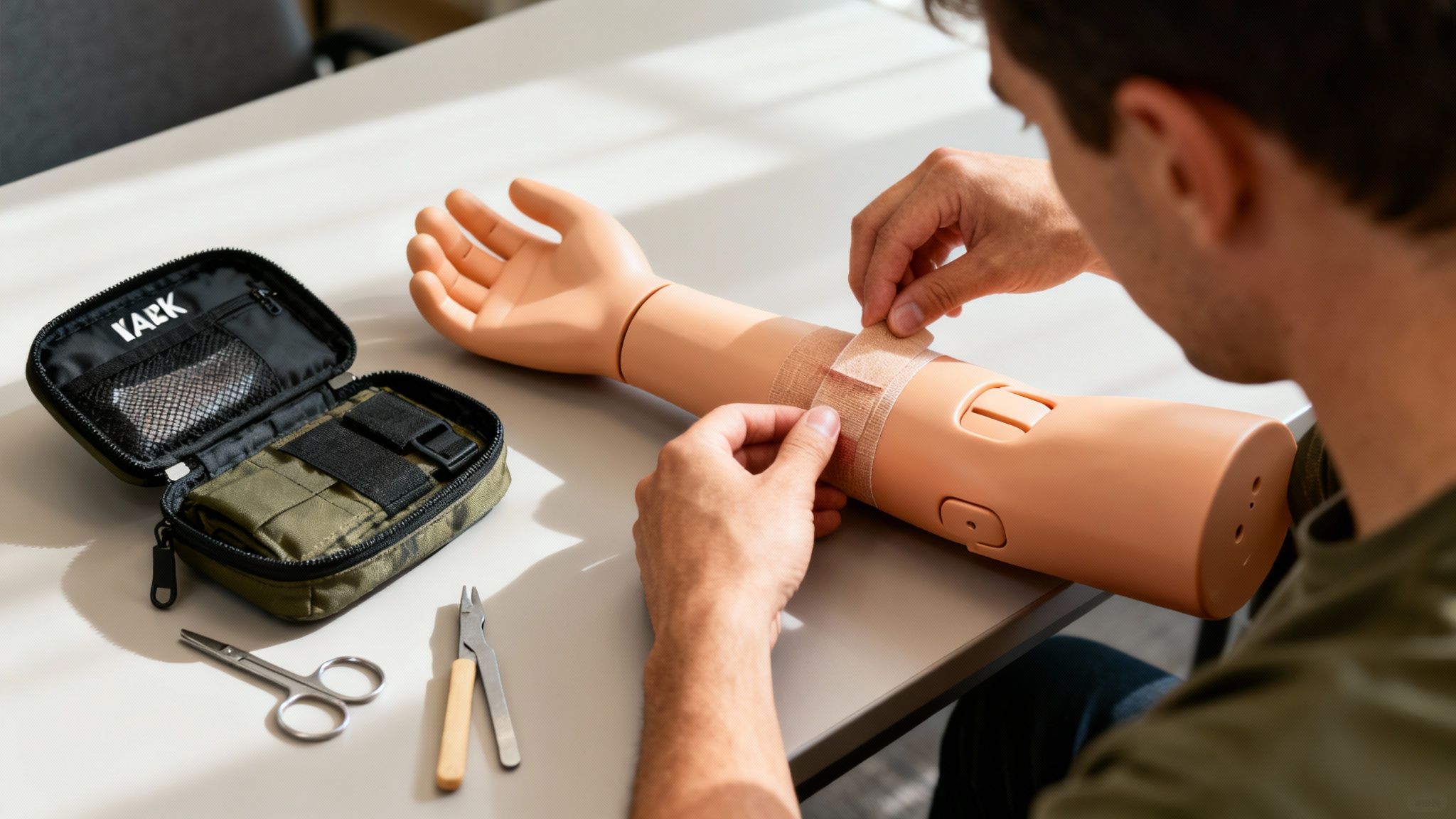 A person practices bandaging a simulated arm wound on a medical training mannequin, with a first aid kit nearby.