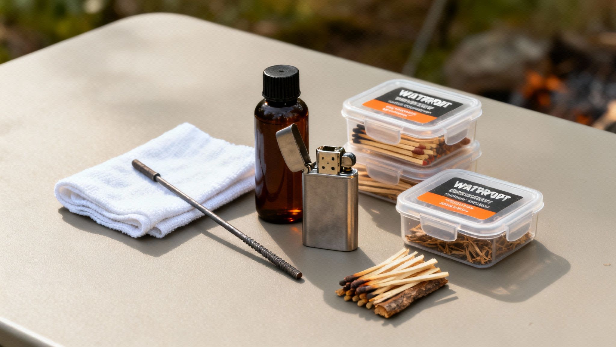 A fire starting kit with matches, a lighter, fuel, and tinder on an outdoor table.