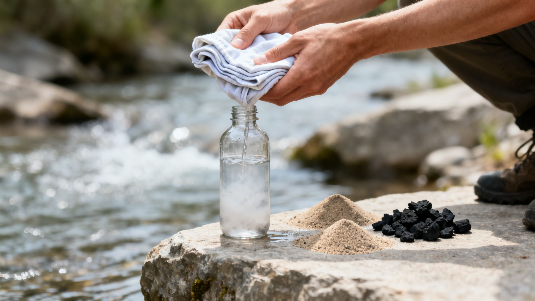 Hands filter river water through a cloth into a bottle, with sand and charcoal for purification.