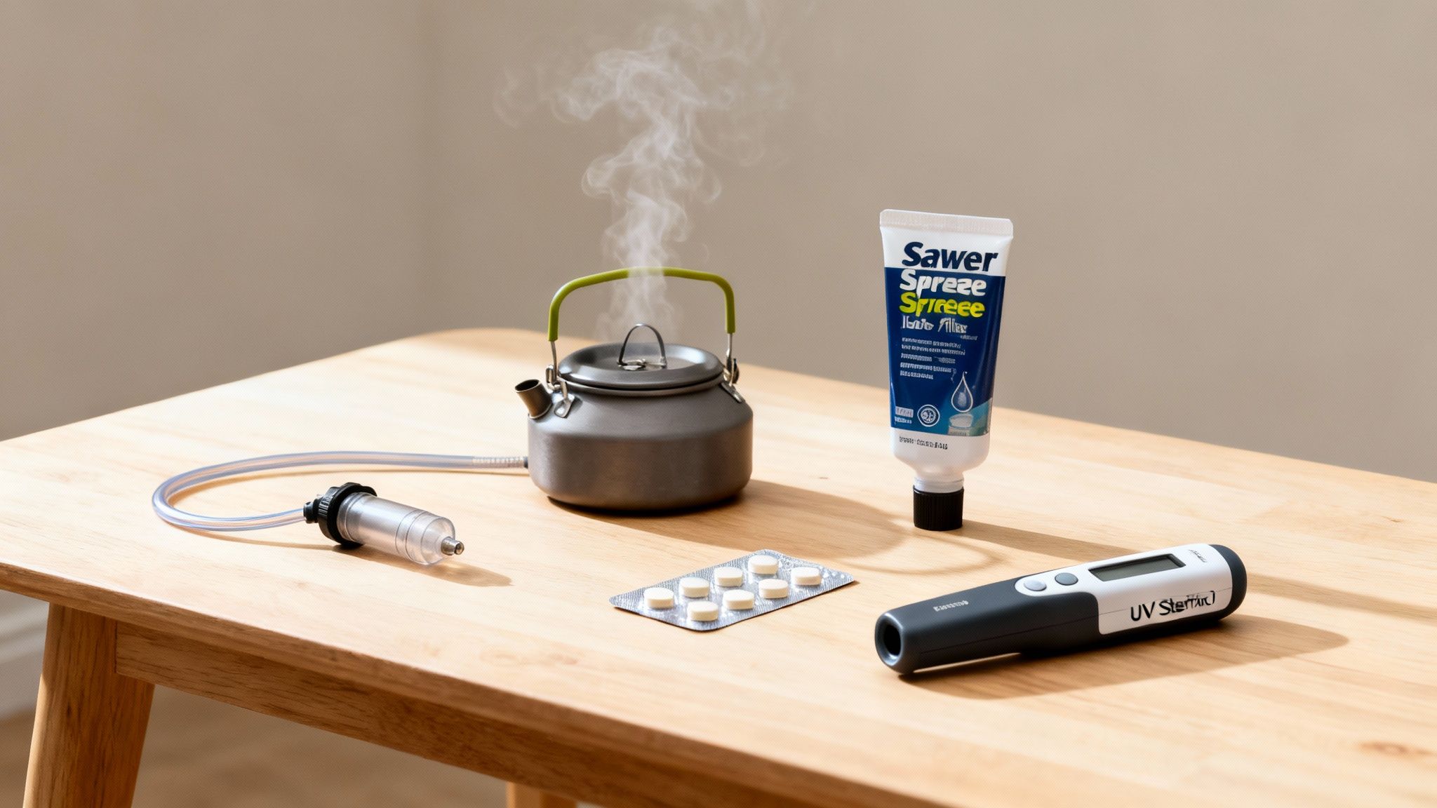 Various water purification methods displayed on a wooden table, including boiling kettle, filter, UV pen, and tablets.