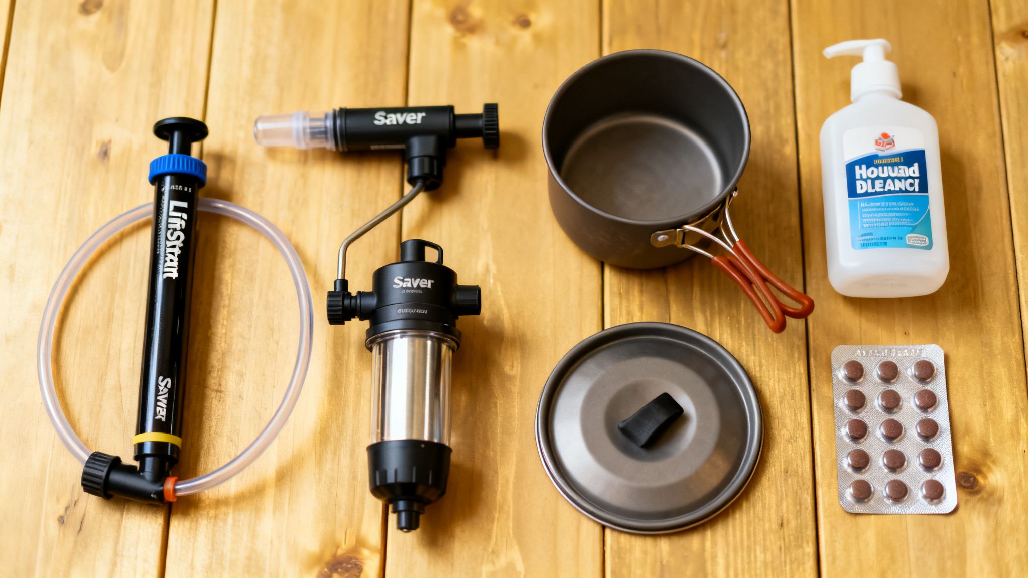 Various survival and camping gear including water filters, cooking pot, and hygiene supplies on a wooden table.