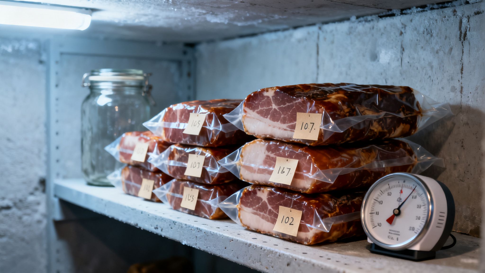 Vacuum-sealed smoked meat packages stacked on a shelf in a cold storage unit with a thermometer.