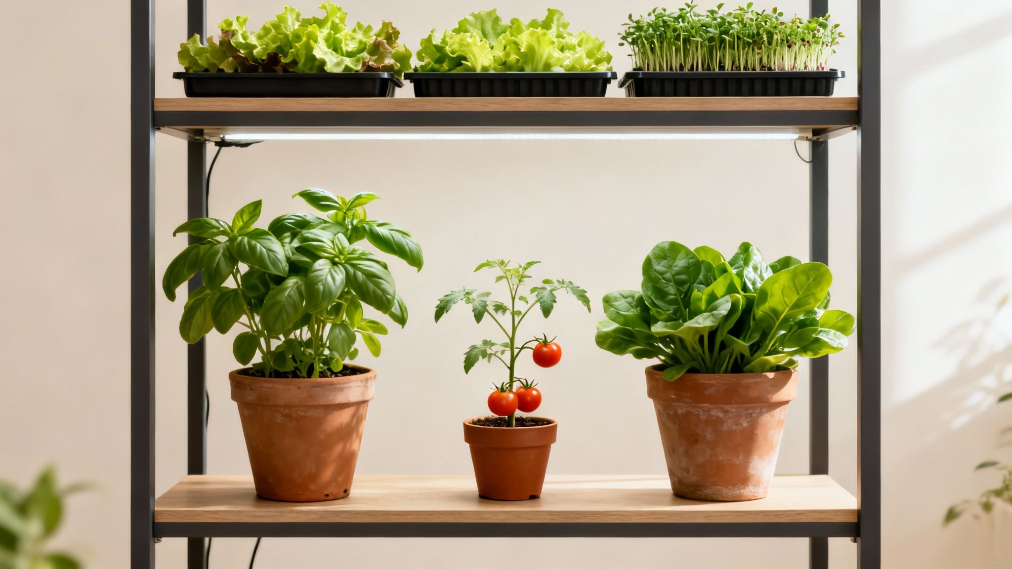 An indoor tiered shelving unit with various fresh herbs and vegetables growing under a grow light.