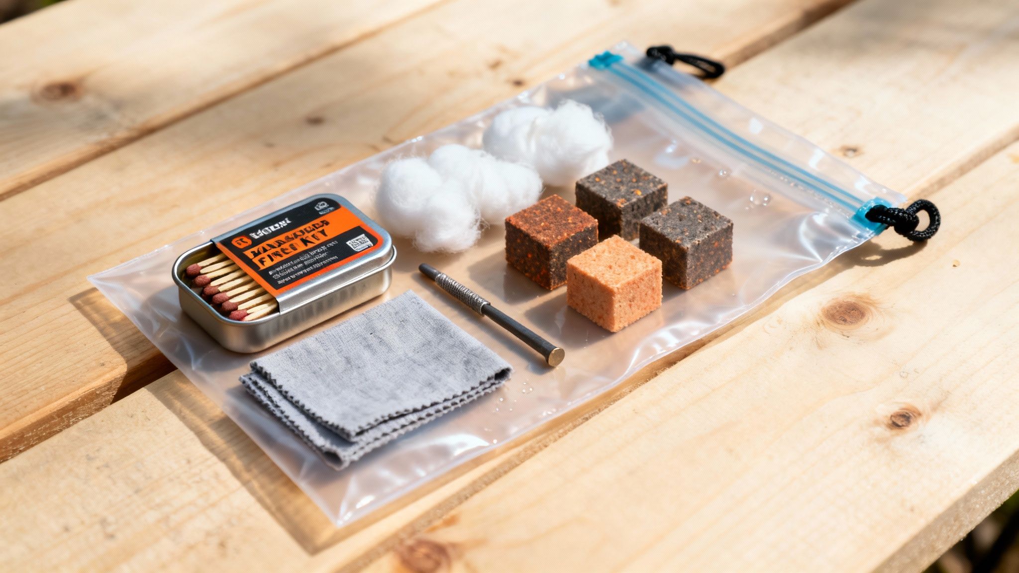A comprehensive fire starting kit displayed on wood, featuring matches, cotton, fire starter blocks, and a ferro rod.