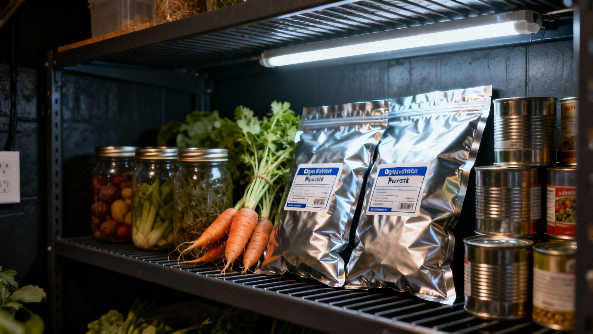 Organized pantry shelf with fresh carrots, greens, jarred vegetables, and silver foil packages.