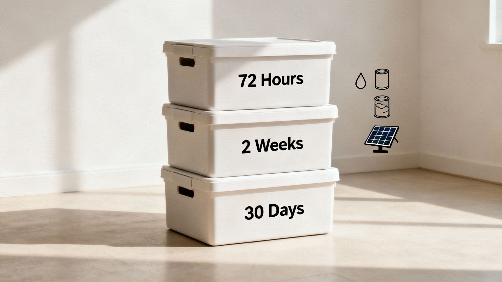 Three stacked white storage boxes labeled '72 Hours,' '2 Weeks,' '30 Days,' with emergency supply icons.