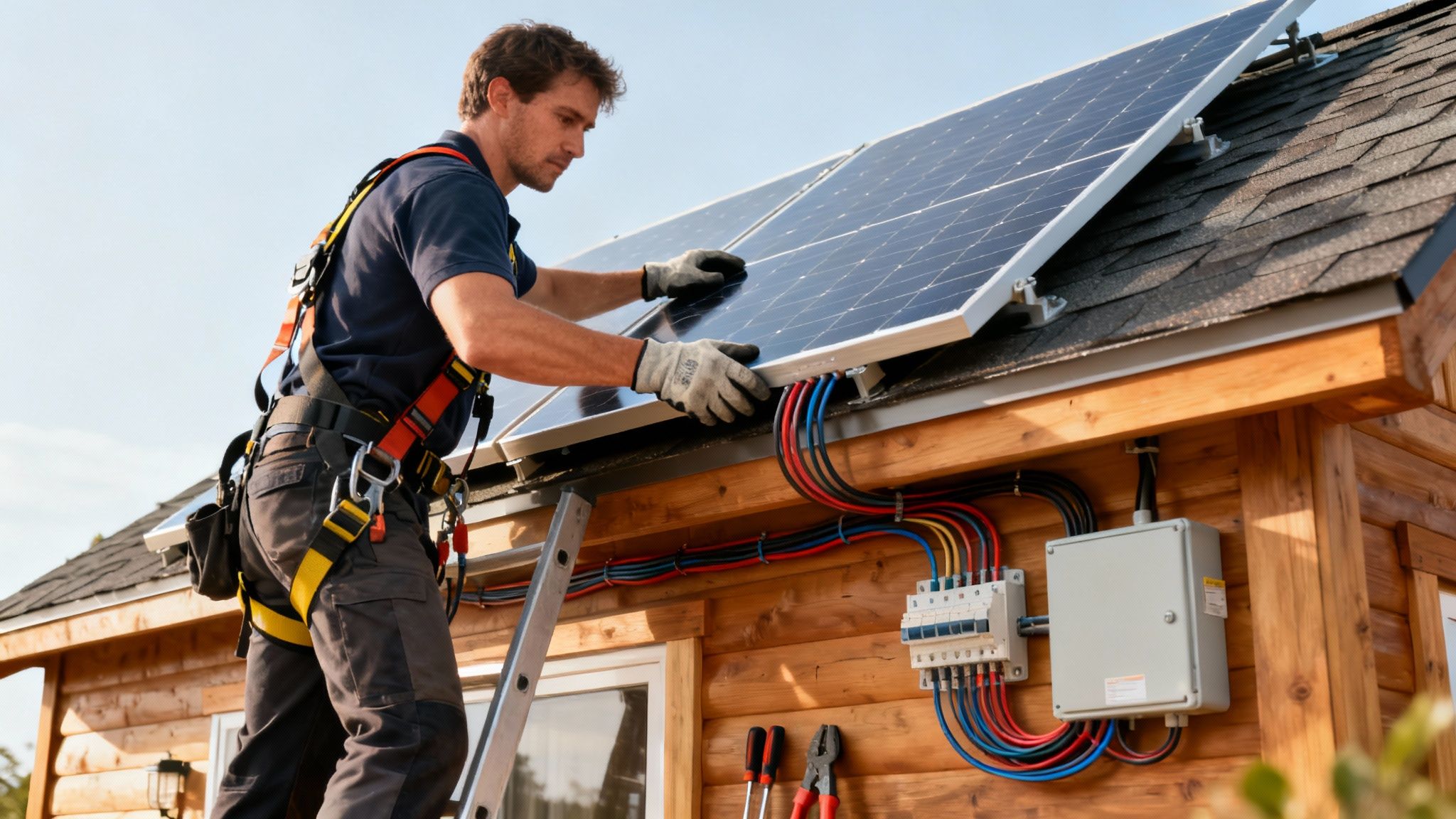 A man in a safety harness installs solar panels on the roof of a rustic wooden cabin.