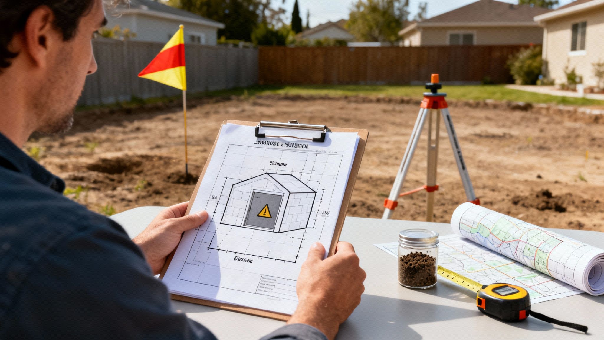 A man reviews blueprints for a fallout shelter in a cleared backyard, surrounded by construction tools.