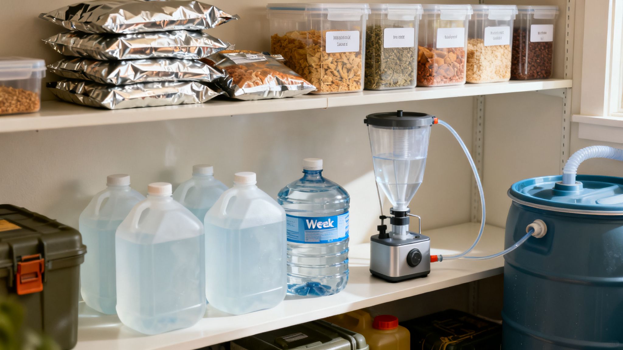 A pantry shelf is stocked with long-term food supplies, water containers, and a water filtration system.