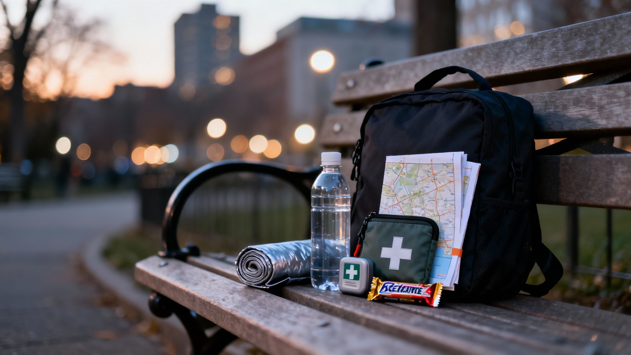A black backpack with a water bottle, first-aid kit, map, and essentials on a park bench.