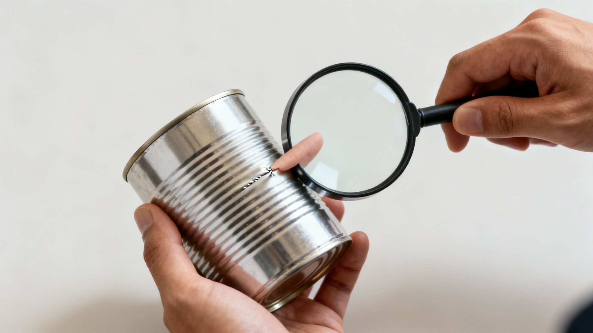 Hands inspect a damaged metal can with a magnifying glass, highlighting quality control issues.