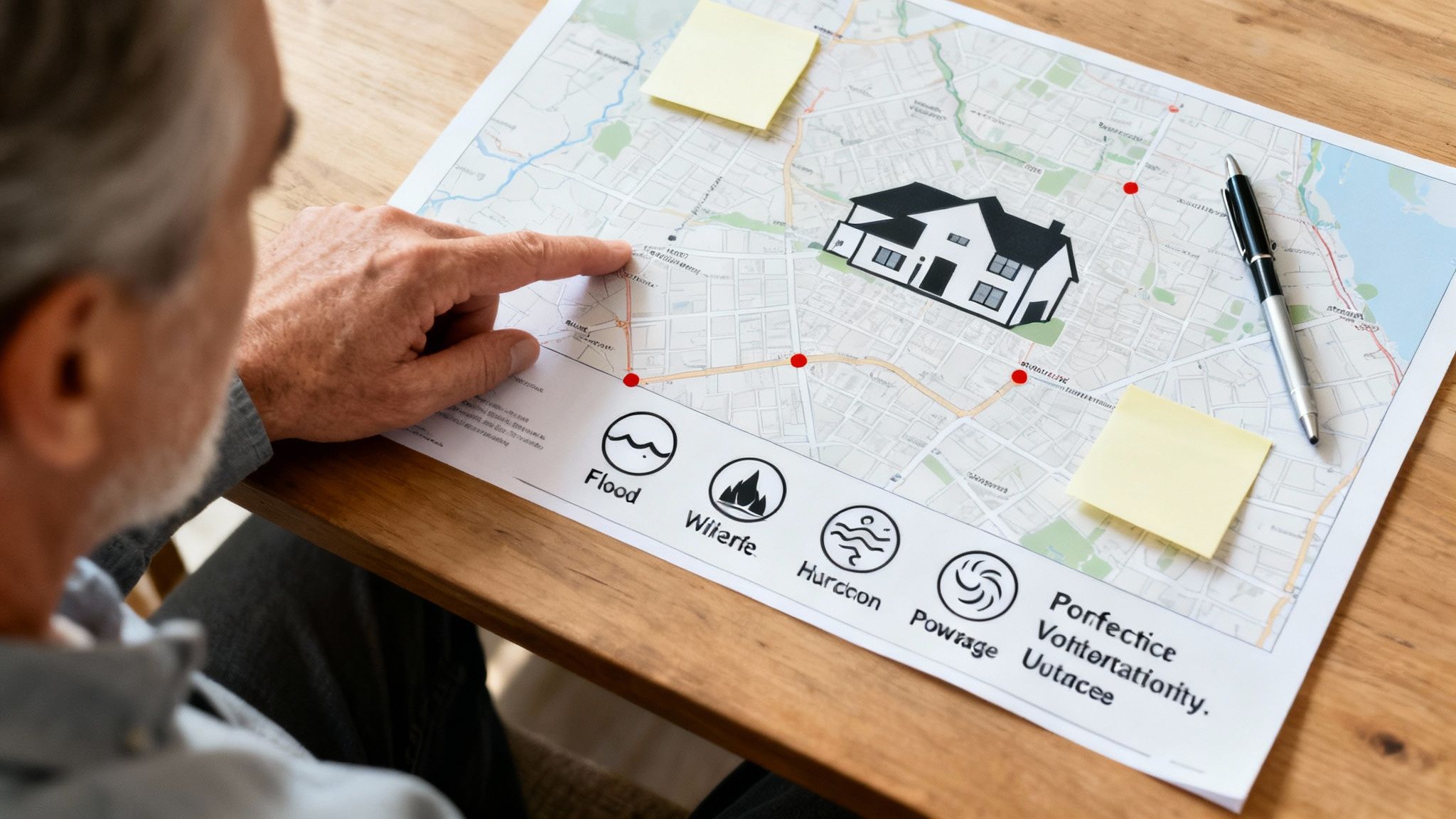 Person's hand pointing at a disaster preparedness map showing a house and various risks.
