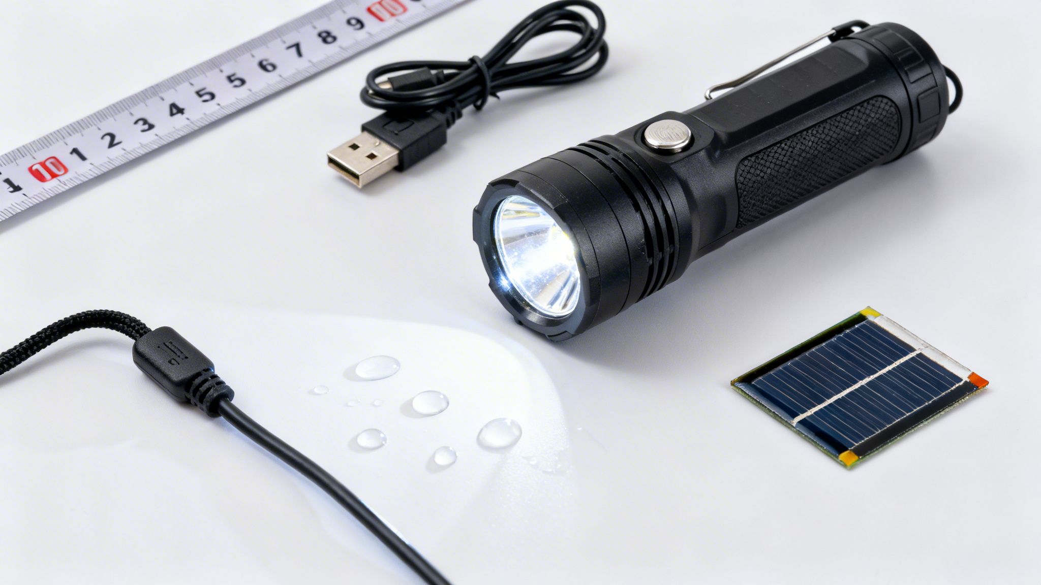 A bright flashlight shines on water drops next to a measuring tape, USB cable, and solar panel.