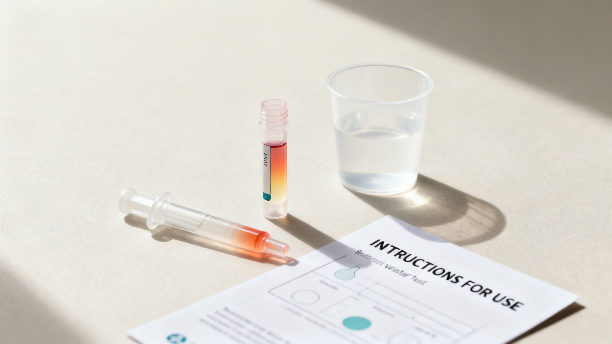A home water testing kit including a syringe, test tube with liquid, water cup, and instructions.
