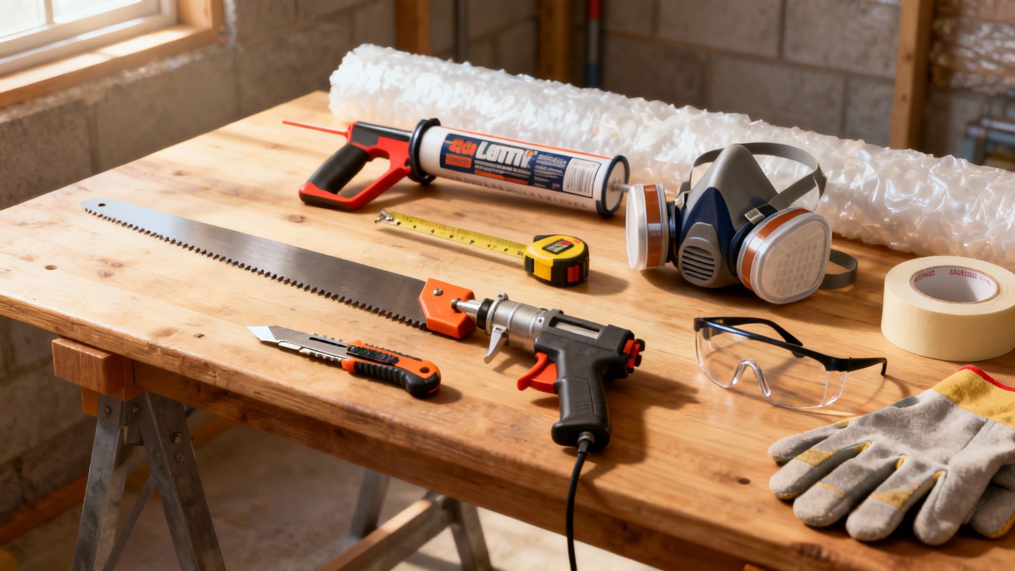 Various DIY and construction tools including a saw, caulk gun, mask, and gloves on a wooden table.