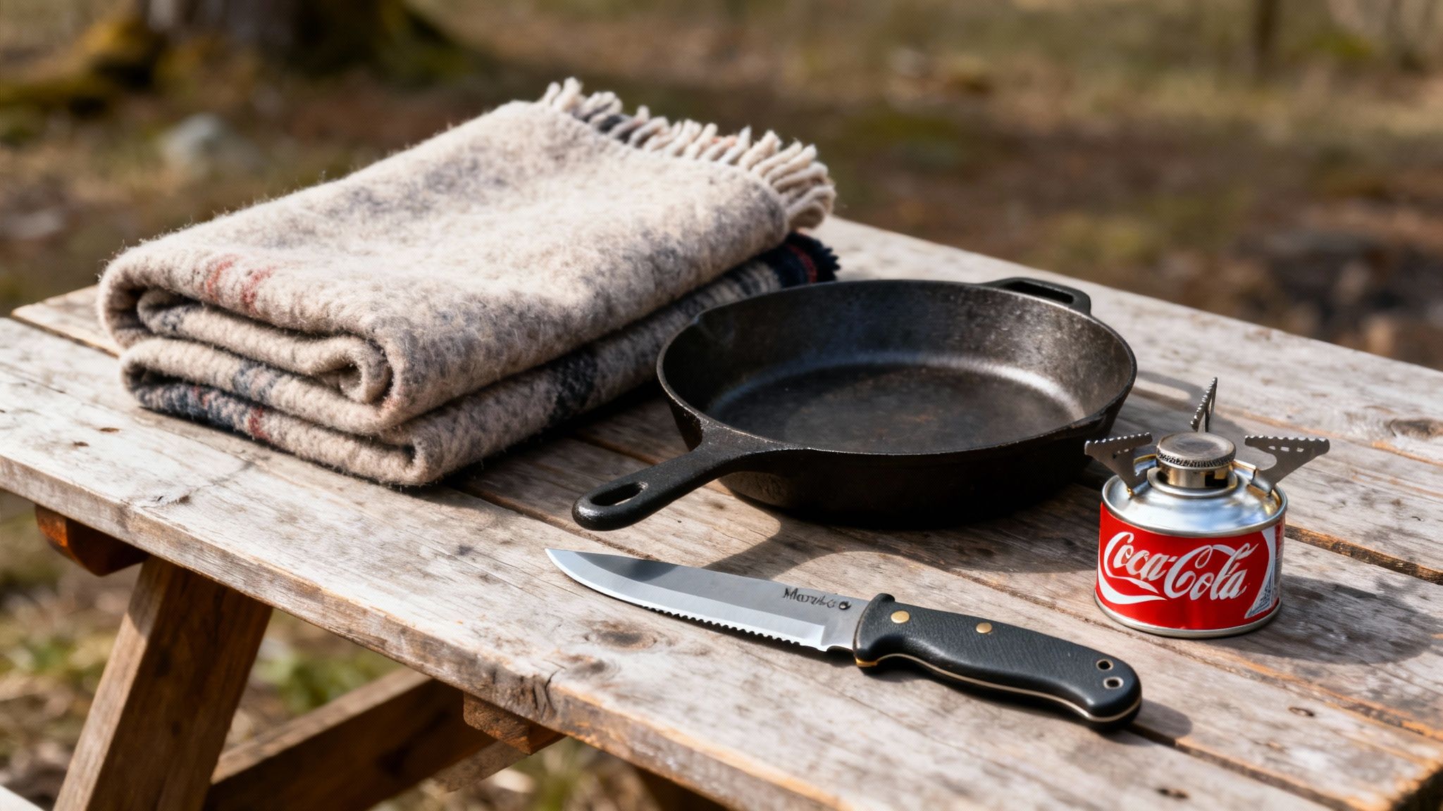 Outdoor cooking and camping essentials on a rustic wooden table, including a blanket, cast iron pan, camping stove, and knife.