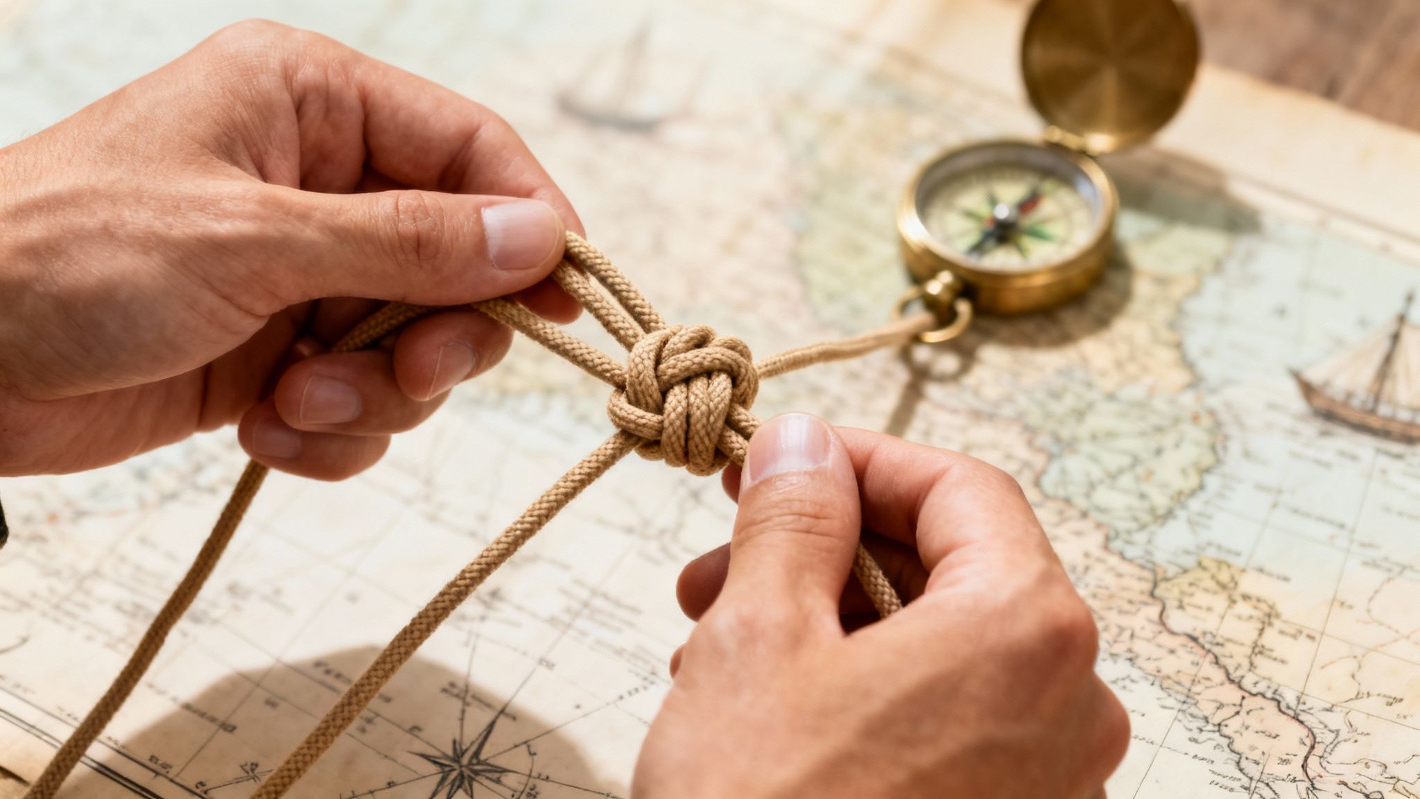 Close-up of hands meticulously tying a decorative knot with a beige rope over an old map and compass.