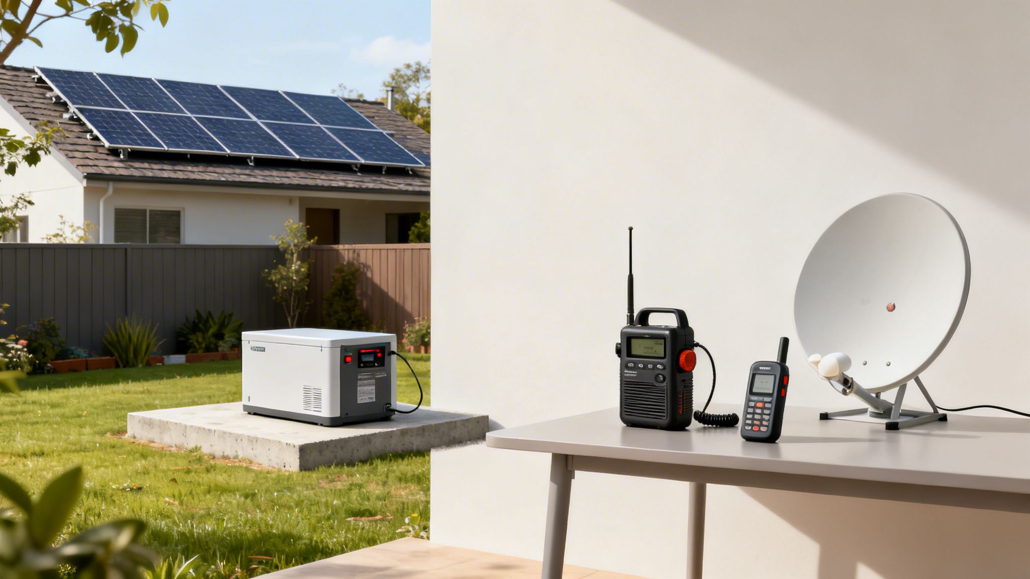 Solar-powered home with a generator in the yard, connected to emergency communication devices on a table.