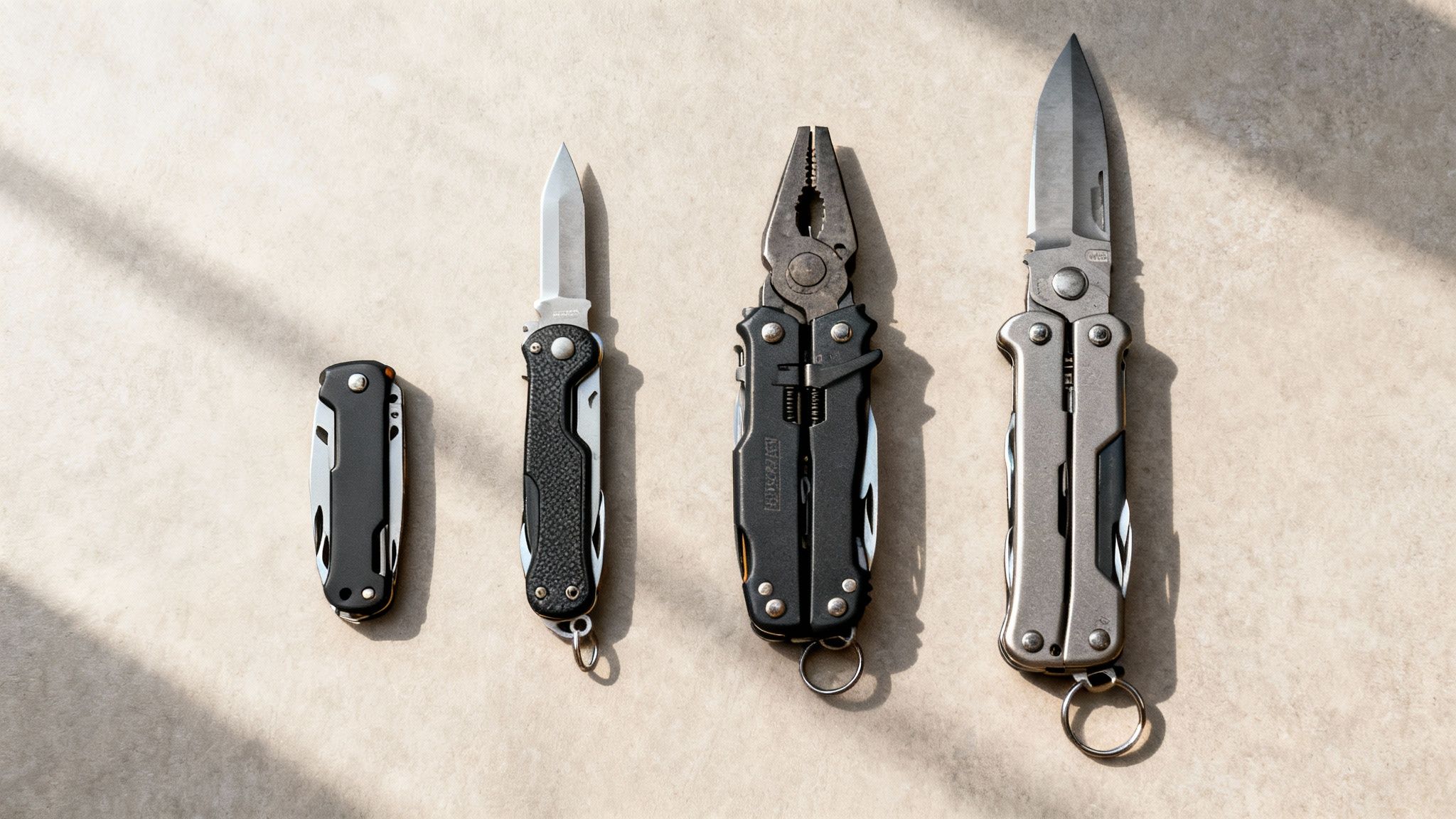 Four different multi-tools and folding knives displayed in a line on a light background.