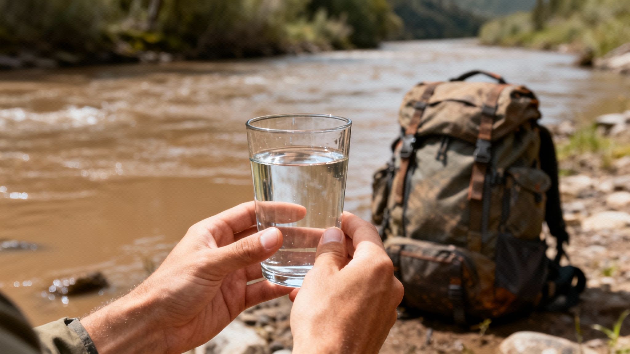 Hands hold a glass of clean, purified water with a muddy river and backpack in the background.